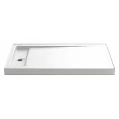 Cast iron shower base with a single threshold and left drain location. Recessed drain designed for use with K-9155 or K-9156 drain covers. Overall length 34 inches, height 4-1/2 inches. Suitable for residential or light-commercial bathroom installations over a standard subfloor.