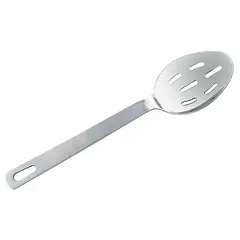 This 13-inch serving spoon is made of stainless steel with a silver finish. Its long handle keeps hands away from hot liquids, making it suitable for basting and serving soups, stews, and sauces in commercial or home kitchens.