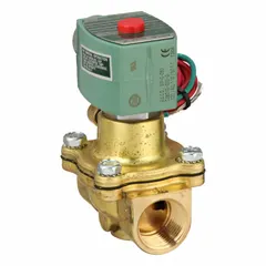 This REDHAT solenoid valve is a 2-way, 2-position normally closed type with a 3/4 in pipe size. It operates on 120V AC (also rated 110V AC) and features a watertight coil enclosure. Suitable for controlling the flow of liquids or gases in industrial automation, water treatment, and process control systems, particularly in washdown or outdoor environments.
