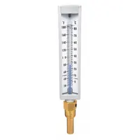 This fixed-angle thermometer and thermowell assembly provides temperature readings from 20°F to 180°F (0°C to 80°C) with +/-1% accuracy. The NPT thread allows installation into standard pipe fittings for monitoring in industrial piping and process systems