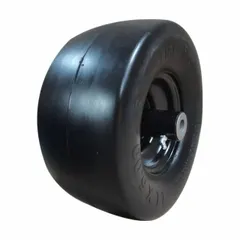 Flat-free polyurethane foam wheel with adjustable hub length, 11 in diameter and 5 3/16 in width. Rated for 300 lb load capacity. Suitable for industrial carts, dollies, and material handling equipment requiring a puncture-proof, non-marking tire.