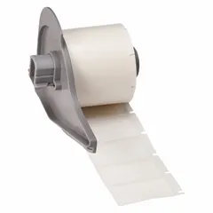 White matte vinyl wraparound label from Brady Precut Label Rolls, measuring 3/4 in x 1 1/2 in. Designed for wire and cable identification on 10 AWG to 4 AWG wire gauge. Compatible with M710 printer series and requires M7-R4300 ribbon. Used in industrial electrical and panel-building applications for durable marking.