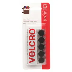 Pre-cut disc with hook-and-loop closure, black nylon construction, and adhesive backing. 5/8 in diameter. Used for quick fastening in assembly, cable management, and mounting lightweight components.