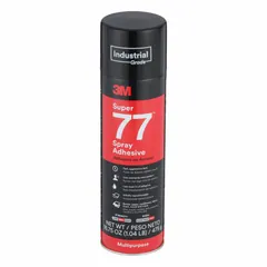 3M Super 77 is a general-purpose spray adhesive in a 16.75 oz aerosol can. It delivers a clear mist spray pattern with fast, aggressive tack for bonding cardboard, fabric, and foam. Suitable for interior bonding and repair tasks, it meets MMM-A-1055B standards and has a VOC content over 500 g/L.