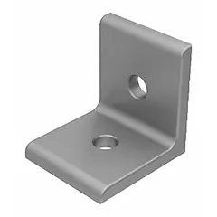 This inside corner bracket is used to join two structural framing profiles at a 90-degree inside corner. It is made of anodized aluminum with a silver finish, measures 40 mm x 40 mm x 36 mm, and has 2 holes. Suitable for machine guards, workstations, and industrial framing systems.