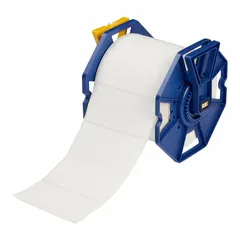 Acrylic label roll with aggressive permanent adhesive, inkjet print-receptive coating for clear marking. Compatible with J7300 printer series. Used for industrial asset tags, safety labels, and equipment identification requiring durable adhesion.