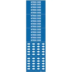 Blue adhesive pipe marker with white legend reading 'Nitrous Oxide' and directional arrows. Designed for pipes with outside diameter of 3/4 inch and smaller. Each pack contains 3 markers for identifying nitrous oxide lines in medical, industrial, or laboratory piping systems.