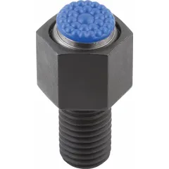 Threaded gripper with polyurethane pad for workholding and positioning. Features M16 thread, 80 mm thread length, 16 mm pad diameter, 24 mm outer diameter, Shore 60 hardness, and textured surface. Suitable for clamping and positioning parts in machining and assembly operations.