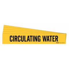 Yellow adhesive pipe marker with black 'Circulating Water' legend for identifying water lines in industrial piping systems. Fits pipe outer diameters of 8 inches and larger. Pack of 5 markers without arrows.