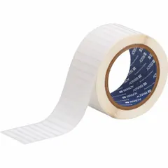 This precut label roll is made of polyester with a white matte finish, designed for use with THT printer series. It is autoclavable and cryogenic-rated, suitable for labeling items that undergo sterilization or exposure to extreme cold. Typical applications include identification of laboratory equipment, medical instruments, and industrial assets in harsh environments.