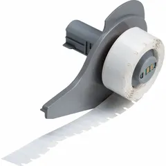 White gloss polyester precut label roll measuring 1/2 in x 9/32 in. Designed for use with the M710 printer series. Suitable for asset identification, cable marking, and panel labeling in industrial environments.