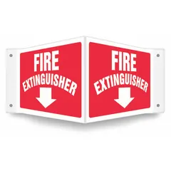 This V-shape projection sign is designed to mark fire extinguisher locations. It features mounting holes for secure wall attachment and is made of PETG. The sign measures 8 inches by 18 inches and is not retroreflective, not glow-in-the-dark, and has no anti-slip surface.
