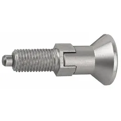 This locking pull-knob indexing plunger features an 18-8 stainless steel body and a 400 series stainless steel plunger with a 3/4"-10 thread. It is used for precise positioning and locking of machine components such as rotary tables, fixtures, and sliding mechanisms, allowing quick manual engagement and disengagement for repeatable alignment.
