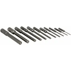 This 12-piece set includes steel SAE-sized punches for removing roll pins. It features a 1/8 in x 4 in pilot punch and is ASME-compliant. Suitable for maintenance and repair tasks in automotive, industrial, and mechanical applications.