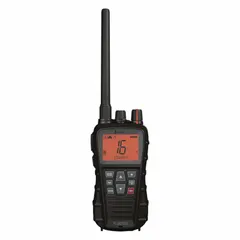Handheld marine VHF radio with analog transmission, 6W output, and 12 channels. Features IPX7 waterproof rating, 12-hour rechargeable lithium-ion battery, emergency button, and USB-C dock charger. FCC compliant. Suitable for vessel-to-vessel, shore, and emergency communication in wet marine environments.