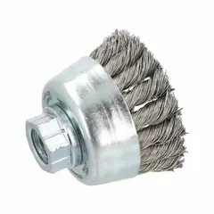 This heavy-cleaning cup brush is designed for contoured stainless steel surfaces. It features a 2 3/4 in diameter, 0.02 in fill diameter, and a 5/8"-11 arbor hole. The standard twist knot wire bristles are suitable for removing rust, scale, and weld splatter in industrial fabrication and maintenance applications.