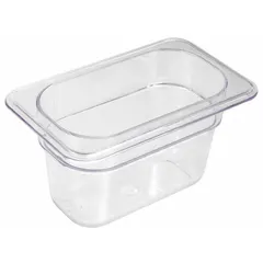 Rectangular ninth-size steam table pan from CRESTWARE, NSF certified for food safety. Overall dimensions 7 in length by 4 1/4 in width. Dishwasher safe for convenient cleaning. Suitable for holding and serving hot or cold food portions in standard steam table openings.