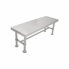 This fixed-height lab table features a stainless steel countertop and a silver finish. With an overall height of 18 inches and length of 4 feet, it provides a stable work surface suitable for laboratory or cleanroom environments where corrosion resistance and easy sanitation are required.