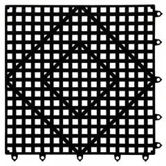 Black plastic bar mat with interlocking edges, cut to fit for custom sizing. Measures 12 inches overall width. Used in bars and foodservice areas to catch spills, reduce glass breakage, and provide a non-slip surface for glassware.