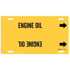 This strap-on pipe marker identifies engine oil piping. It features a yellow background with black legend and directional arrows. The marker fits pipe outer diameters from 6 to 7-7/8 inches. It is used for labeling pipes in industrial facilities to support clear identification.