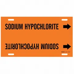 Orange snap-on pipe marker with black legend text reading 'Sodium Hypochlorite' and directional arrows. Designed for pipe outer diameters of 8 to 9-7/8 inches. Used to identify pipes carrying sodium hypochlorite in industrial piping systems.