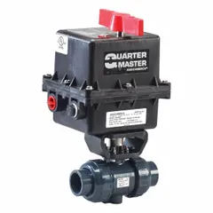PVC electrically-actuated two-way ball valve with socket x socket ends in a three-piece configuration. Operates on 120V AC and includes thermal overload protection in the actuator. Suitable for on/off flow control in industrial piping systems handling corrosive fluids.