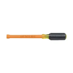 Straight insulated nut driver with a hollow round shank for use on long threaded rods. SAE size, standard tip, non-magnetized. 6-inch shank length provides reach in confined spaces. Suitable for tightening or loosening hex nuts and bolts in electrical work.