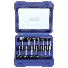 This 14-piece Forstner drill bit set features straight shanks with a 3/8 in diameter. Designed for drilling clean, flat-bottomed holes in wood, plywood, and composite materials, it is suited for cabinetmaking, furniture building, and joinery applications.