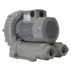 The FUJI ELECTRIC VFZ901A-5W is a 1-stage regenerative blower rated at 14.7 hp, operating on 575V AC three-phase power and drawing 15.2 A. It delivers a maximum operating pressure of 138.5 in wc and a maximum vacuum of 110 in wc, with NPT female connections. Suitable for industrial applications such as pneumatic conveying, aeration, and vacuum lifting.