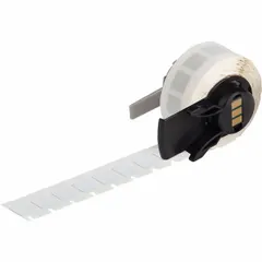 Precut label roll with 1/4 in x 3/8 in polyimide labels in white gloss finish. Compatible with BMP71 printer series when used with a Media Adapter. Suitable for industrial labeling, wire marking, and component identification in environments requiring heat resistance.