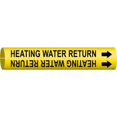 Yellow snap-on pipe marker with black legend 'Heating Water Return' and directional arrows. Fits pipe outer diameters from 1-1/2 to 2-3/8 inches. Used to identify heating water return lines in industrial piping systems.