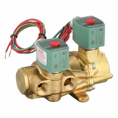 This 4-way/2-position configurable solenoid valve from REDHAT features a 1/2 in pipe size and operates on 110V AC voltage. The watertight coil enclosure is supplied without a junction box. It is commonly used in pneumatic and hydraulic systems for directing media flow between two positions, such as in double-acting cylinders and industrial automation.
