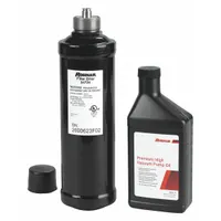 Liquid line filter dryer for use with refrigerant recharging machines. Filters contaminants and removes moisture from refrigerant to ensure clean, dry operation during HVAC servicing