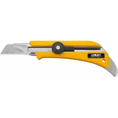 This 18mm snap-off knife features a plain straight-edge blade with 8 segments, allowing quick edge renewal without tools. The yellow plastic body houses one stored blade. Typical applications include cutting cardboard, drywall, plastic sheeting, and other sheet materials.