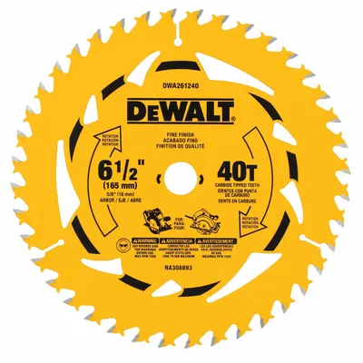 DEWALT Circular Saw Blade: 6 1/2 in Blade Dia., 40 Teeth, 0.07 in Cut Wd, 5/8 in Arbor Size - Steel & General Metal-Cutting Blades