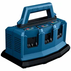 Multi-port battery charger for 18V DC batteries, operating on 120V AC input. Charges up to six batteries simultaneously, with a 6 Ah battery charged in one hour. Suitable for keeping multiple cordless tools powered in industrial and construction settings.