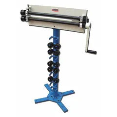 This manual bead roller forms stiffening beads, decorative contours, and rolled edges in sheet metal up to 18-gauge steel. With an 18-inch throat depth, it accommodates large workpieces. Drive shafts ride in bronze bushings for smooth operation. Suitable for automotive restoration, HVAC ductwork, and custom metal fabrication.