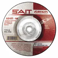 General purpose grinding wheel for carbon and stainless steel. Type 28 depressed center design with aluminum oxide abrasive, 24 grit, and A24R bond. Dimensions: 7" diameter, 1/4" thickness, 5/8"-11 arbor. Suitable for material removal, weld blending, and edge chamfering in fabrication and maintenance tasks