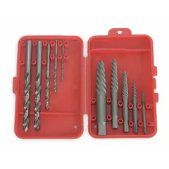 This 10-piece set includes spiral-flute extractors in sizes #1 through #5 and a 7/64 in drill bit, with a capacity range of 3/32 in to 5/8 in. Designed for removing broken or stripped screws from metal, wood, or plastic, the spiral-flute design grips the screw as it is turned counterclockwise. Suitable for maintenance and repair tasks in industrial and workshop environments.
