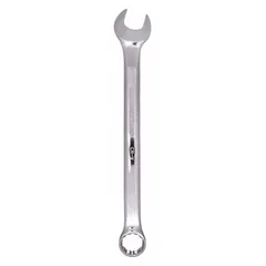 Alloy steel construction with a chrome finish. 18 mm head size, 9 1/4 in overall length, offset design. 12-point box end for use on hex fasteners. Suitable for tightening and loosening metric fasteners in maintenance, repair, and assembly tasks.