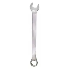 Chrome-finished alloy steel combination wrench with a 1-inch 12-point head and offset design. Overall length of 13 1/8 inches. Used for tightening or loosening fasteners in mechanical assembly and maintenance tasks where access is limited.