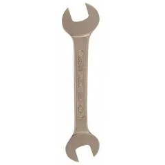 This nonsparking double-end open end wrench is made of aluminum bronze with a natural finish. It has head sizes of 1 1/4 in and 1 5/8 in, and an overall length of 14 3/8 in. Suitable for use in environments where sparking must be avoided, such as areas with flammable gases or dust.