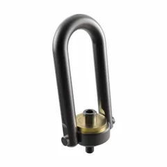 This pivot and rotate hoist ring is designed for pulling operations in material handling and rigging. Constructed from black oxide-coated steel, it features a 3/4"-10 thread size and a maximum capacity of 7,000 lb. The swiveling and pivoting action provides a secure lifting point that aligns with the load direction.