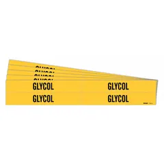 Yellow adhesive pipe markers with black legend reading 'Glycol', designed for identifying pipes carrying glycol in industrial piping systems. Each marker fits pipe outer diameters from 3/4 to 2-3/8 inches. Sold in a 5-pack containing 4 markers per pack, without directional arrows.