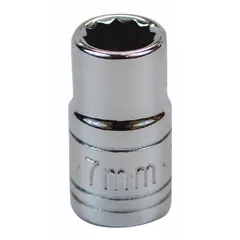 This 1/4" drive hand socket features a 7 mm, 12-point standard configuration with a chrome finish. It is designed for tightening or loosening metric fasteners in general maintenance and repair tasks.