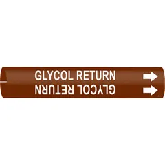 Snap-on pipe marker for identifying glycol return lines. Brown background with white legend and directional arrows. Fits pipe outer diameters of 4 to 6 inches. Single marker included.