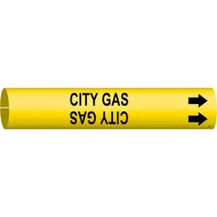 Snap-on pipe marker for identifying city gas lines. Yellow background with black legend text and directional arrows. Fits pipe outer diameters from 3/4 to 1-3/8 inches. Single marker included.