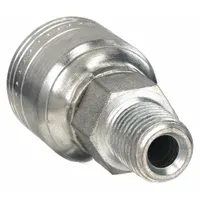 Steel straight fitting with male NPTF (1/4"-18) connection on one end and genderless crimp connection for -6 hose dash size. Used in fluid-power systems to connect hose to threaded ports in industrial machinery and mobile equipment