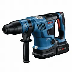 This 18V DC cordless rotary hammer features an SDS-Max chuck, 1 9/16 in max bit diameter, 5.2 ft-lb impact energy, and 0-2,900 bpm impact rate. Includes an 8.0 Ah battery. Suitable for heavy-duty drilling and chiseling in concrete, masonry, and stone.
