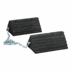 Set of two rubber wheel chocks designed to secure parked vehicles and equipment up to 10,000 lb maximum weight. Compatible with wheels up to 55 inches in diameter. Used in industrial, logistics, and maintenance settings to prevent unintended movement during loading, unloading, or servicing.